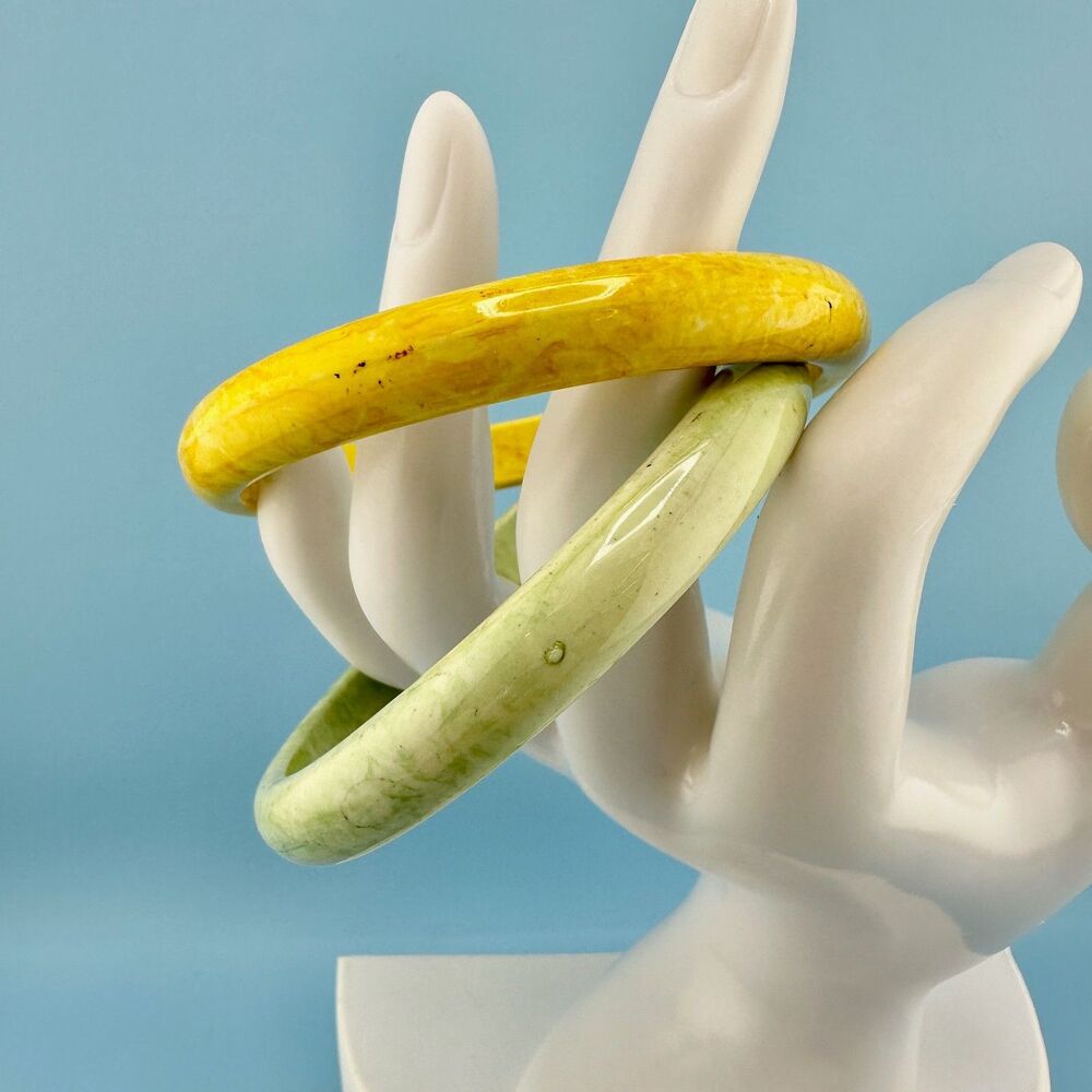 Vintage Bangle Bracelet Lot Acrylic Pastel Yellow Green Marbled Stackable Retro